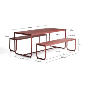 Комплект Sotil из 2 скамеек и стола из стали с гранатовой отделкой 183 x 83 cm
