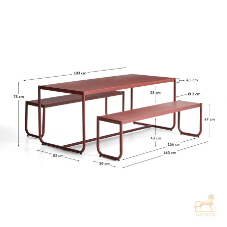 Комплект Sotil из 2 скамеек и стола из стали с гранатовой отделкой 183 x 83 cm Комплект Sotil из 2 скамеек и стола из стали с гранатовой отделкой 183 x 83 cm