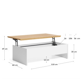Abilen Подъемный журнальный столик из дуба и белого лака 110 x 60 см FSC 100%