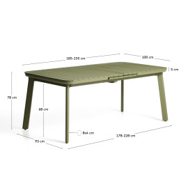 Раздвижной уличный стол Izola из алюминия с зеленой отделкой, 185 (235) x 100 см