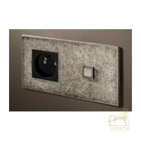 Выключатель однокнопочный с розеткой в сборе (в двойной рамке) Lithoss Select, Tin antique