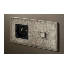 Выключатель однокнопочный с розеткой в сборе (в двойной рамке) Lithoss Select, Tin antique